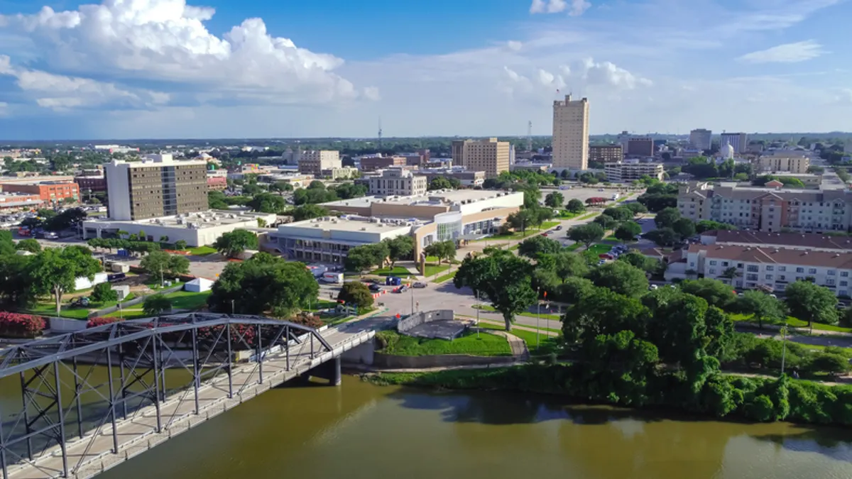 Aerial view of downtown Waco, Texas, where an apartment property recently went into servicing. Getty Images