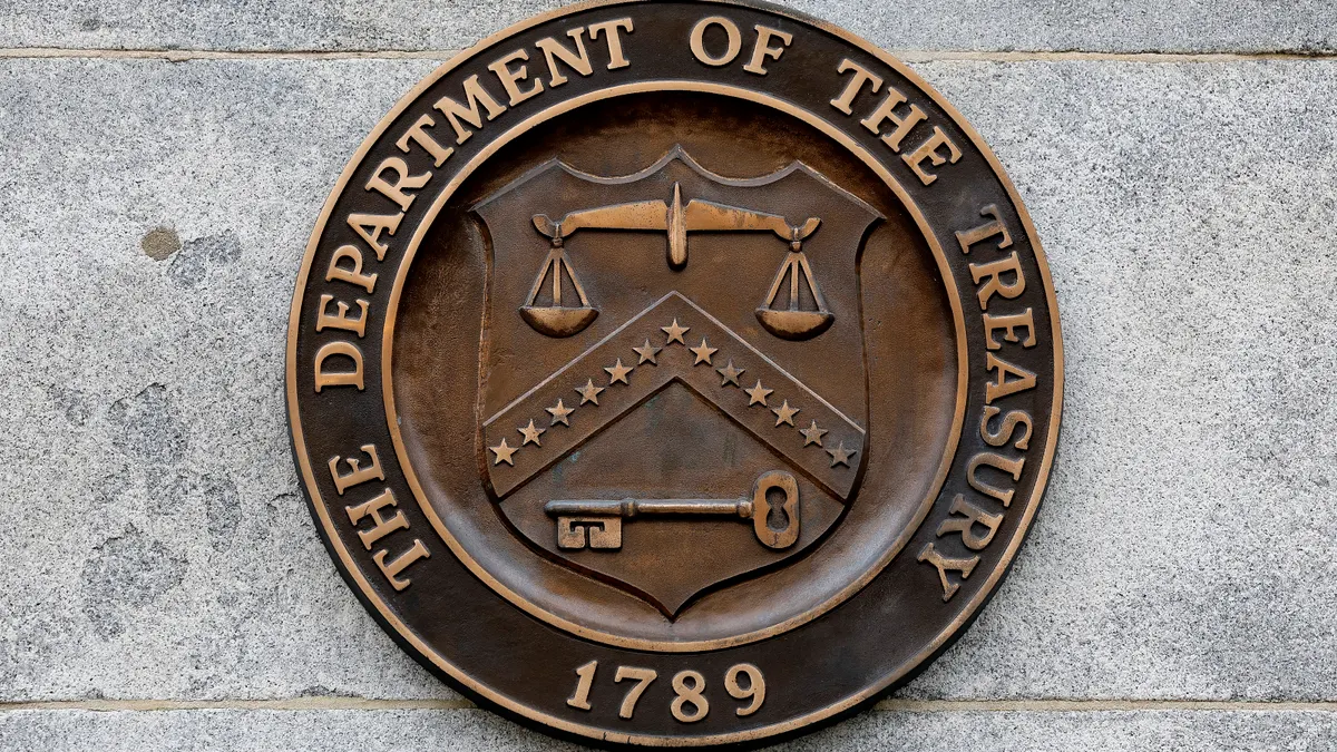 A seal on the exterior of the U.S. Department of the Treasury building is seen on March 13, 2023, in Washington, DC. Chip Somodevilla via Getty Images